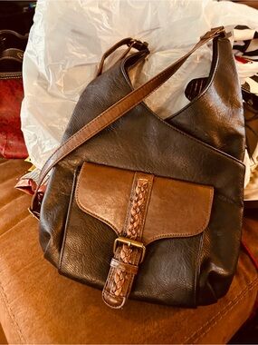 Two-Tone Brown Leather Shoulder Bag with Braided Buckle Flap